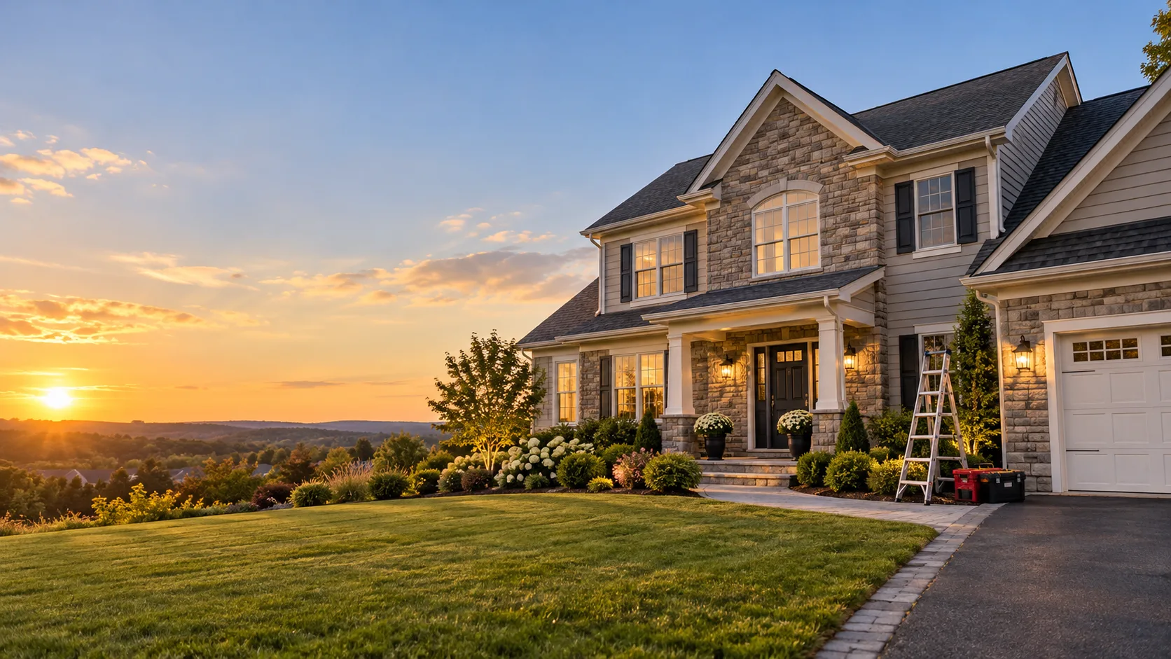 House at sunset with stone facade and siding.