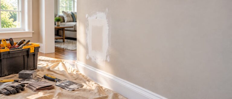 Wall being repaired. Spackle drying on the wall and tools on the floor.