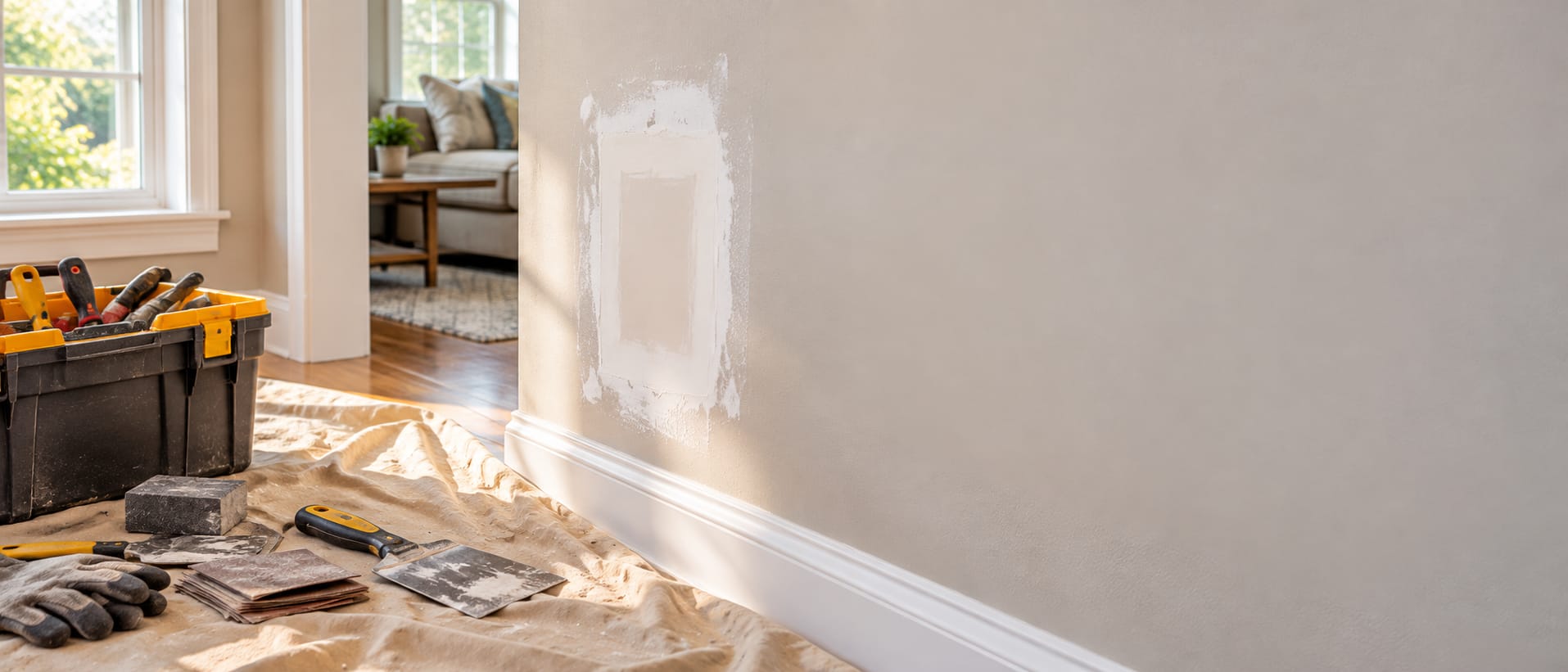 Wall being repaired. Spackle drying on the wall and tools on the floor.